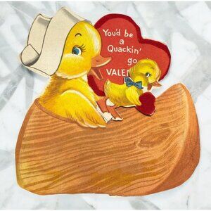 Vintage Valentines Day Card Duck Themed with Heart Message & Duckling 1950s